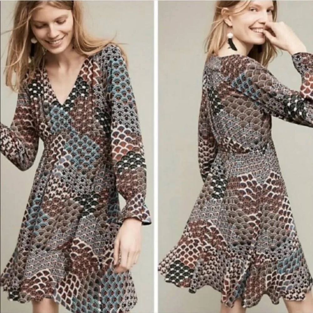 Anthropologie Maeve Monaco Empire Waist Blue Red Fan Print Dress Size Large